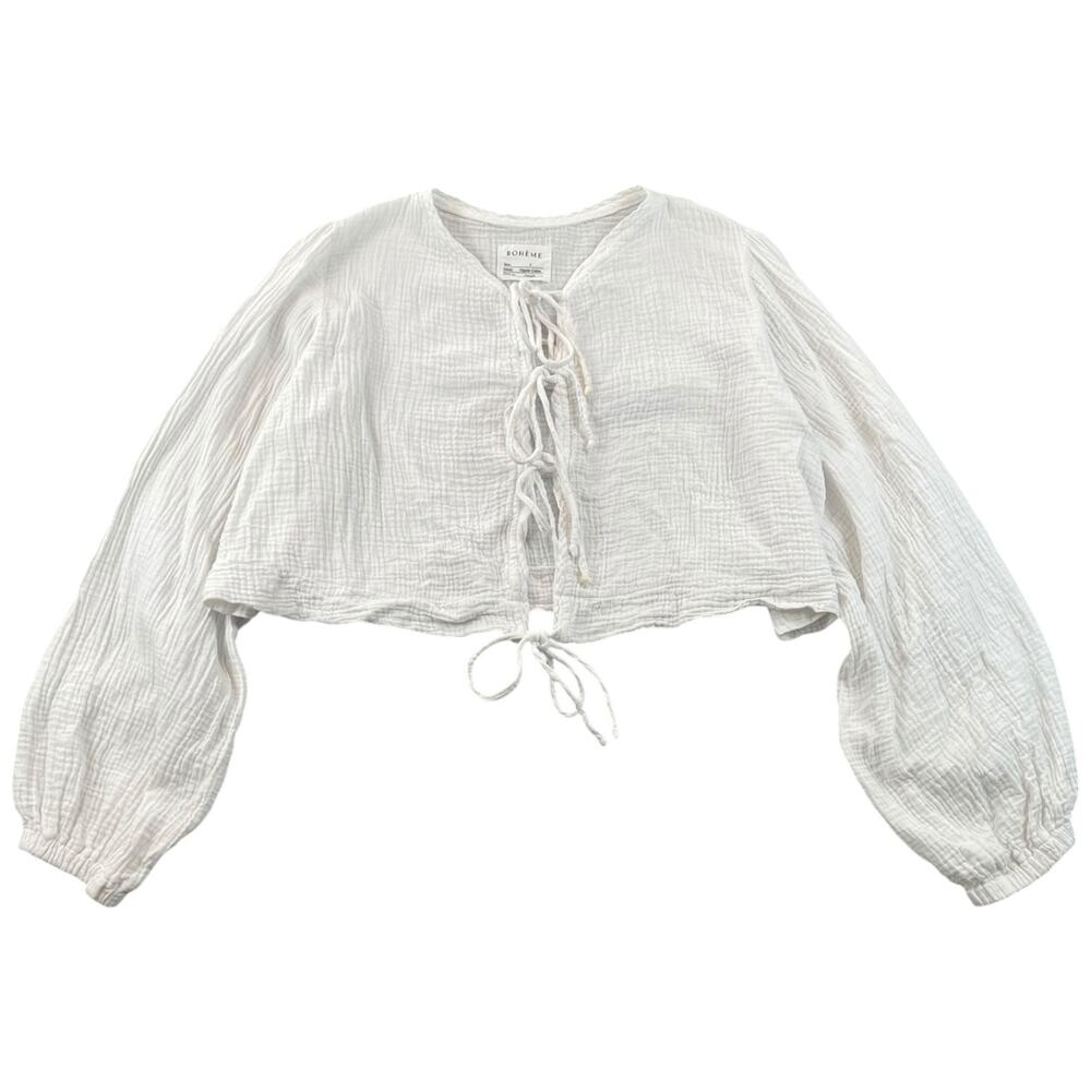 Bohème Goods White Organic Cotton Gauze Tie Front Cropped Blouse Size 2 Medium